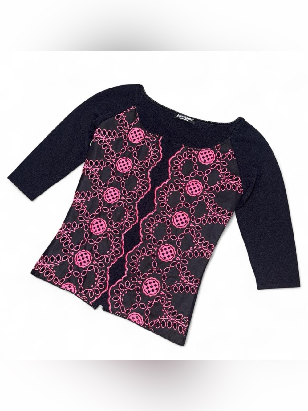 Betsey Johnson Vintage Y2K Black & Pink geometric eyelet Embroidered Cardigan XS